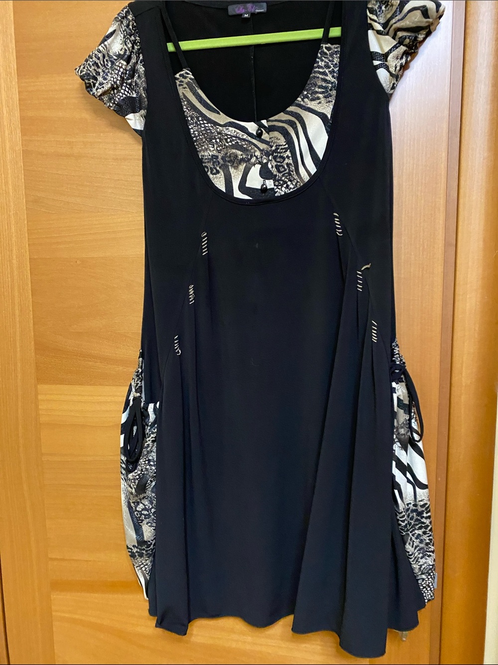 Black and Cream Layered Midi Dress with Animal-Print Accents